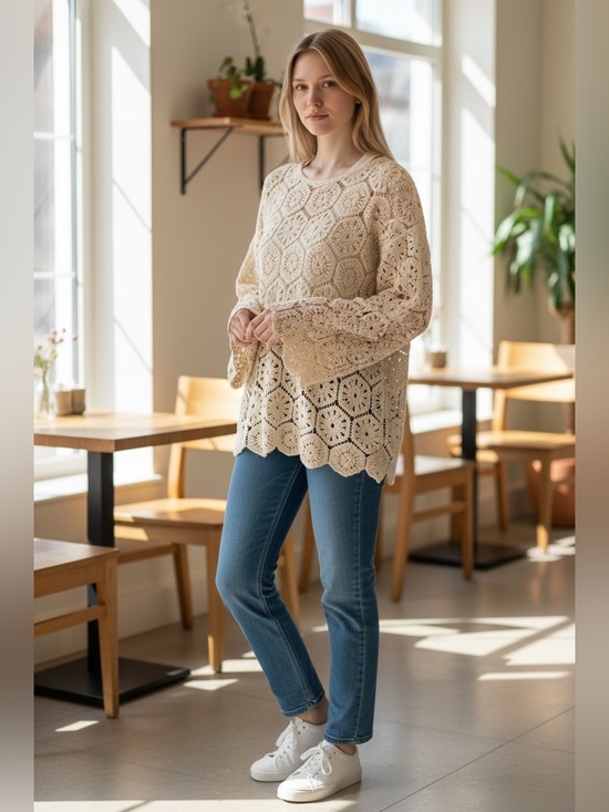 Solitaire Tops - Solitaire Crochet Lace Tunic in Cream (009)